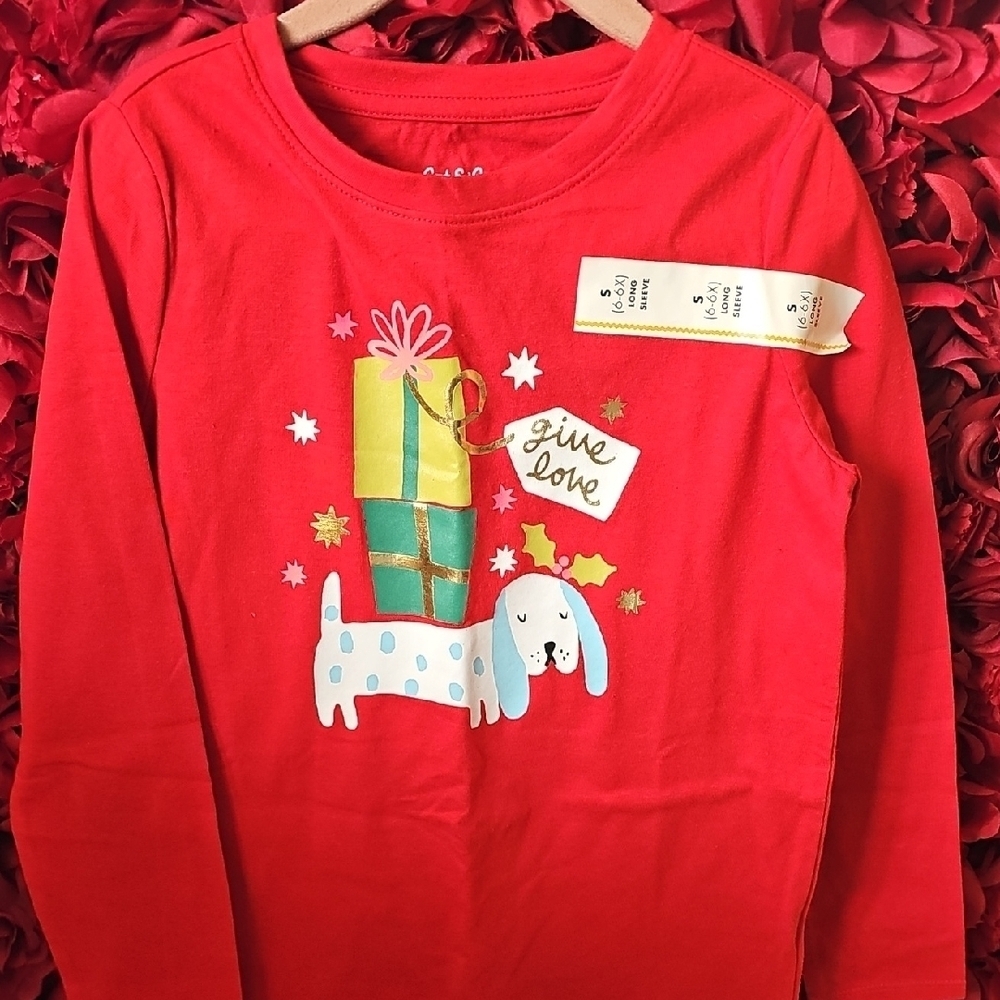 Cat & Jack NWT Girls Red Long Sleeve Shirt with Dog Print Size 6/6X - Picture 1 of 5